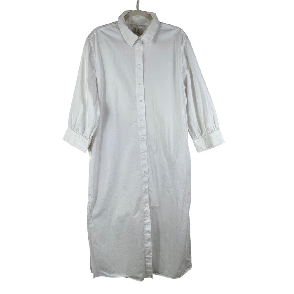 H&M White Shirt Dress Women M Cotton Midi Long Sleeve Coastal Grandma Minimalist